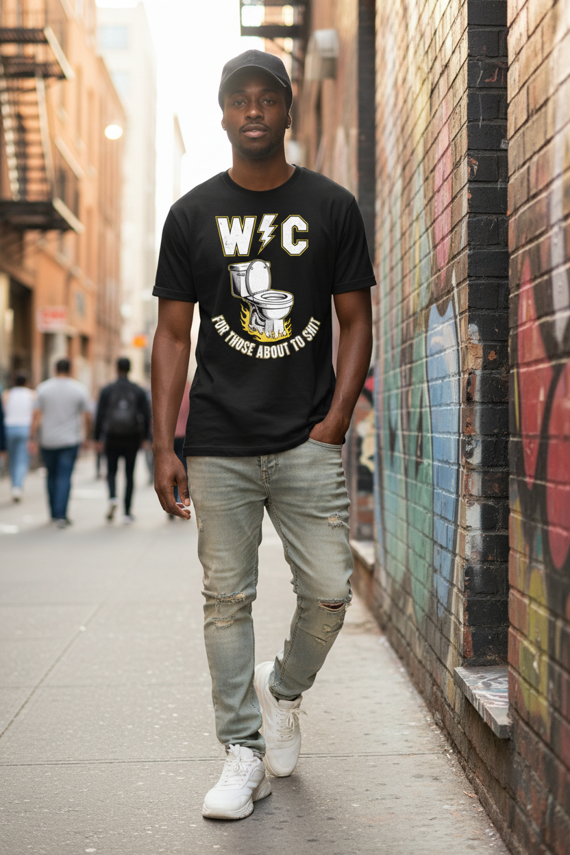 Persona usando camiseta WC en contexto urbano streetwear